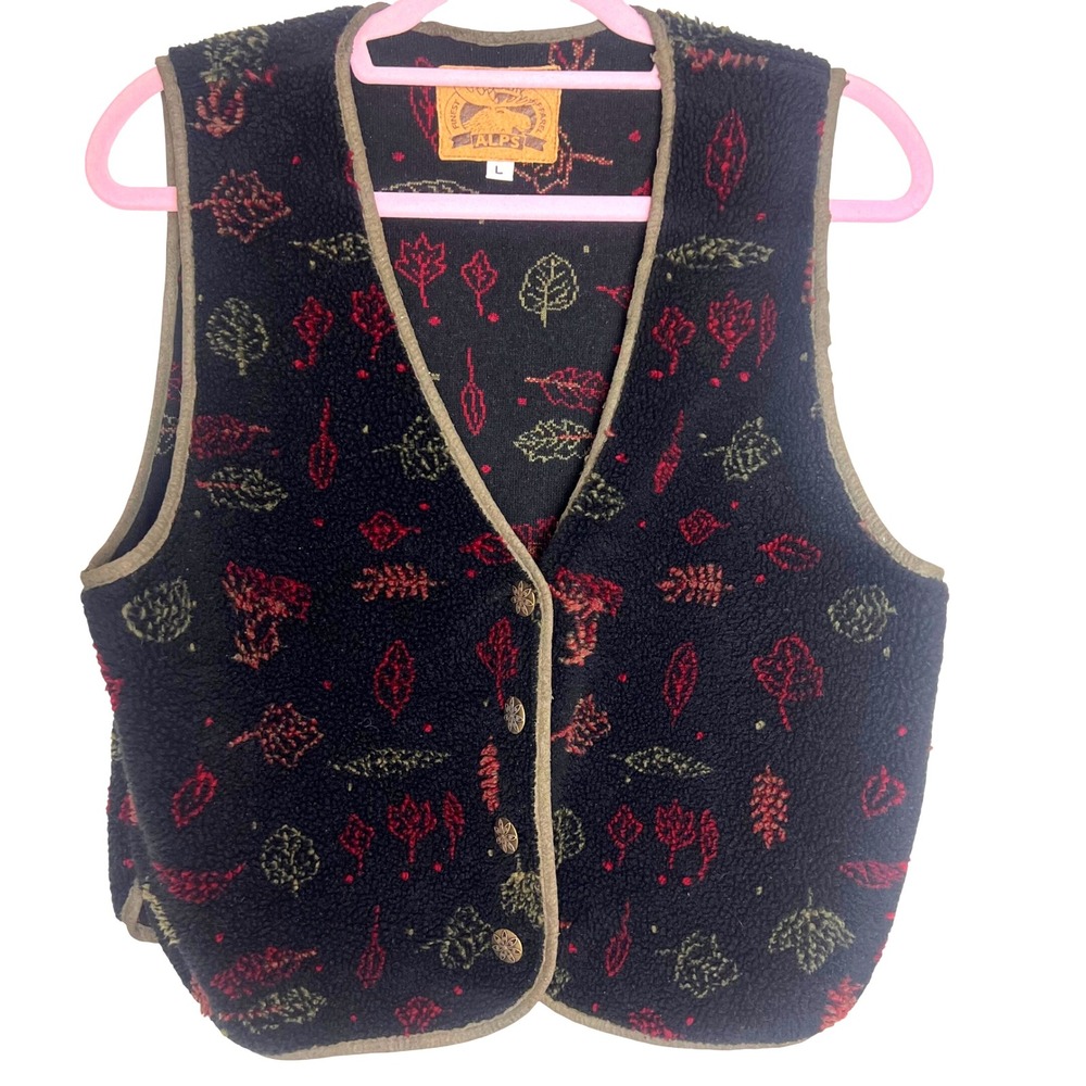 Vintage Alps Finest Quality Apparel Fleece Vest‎ Leaf Print L